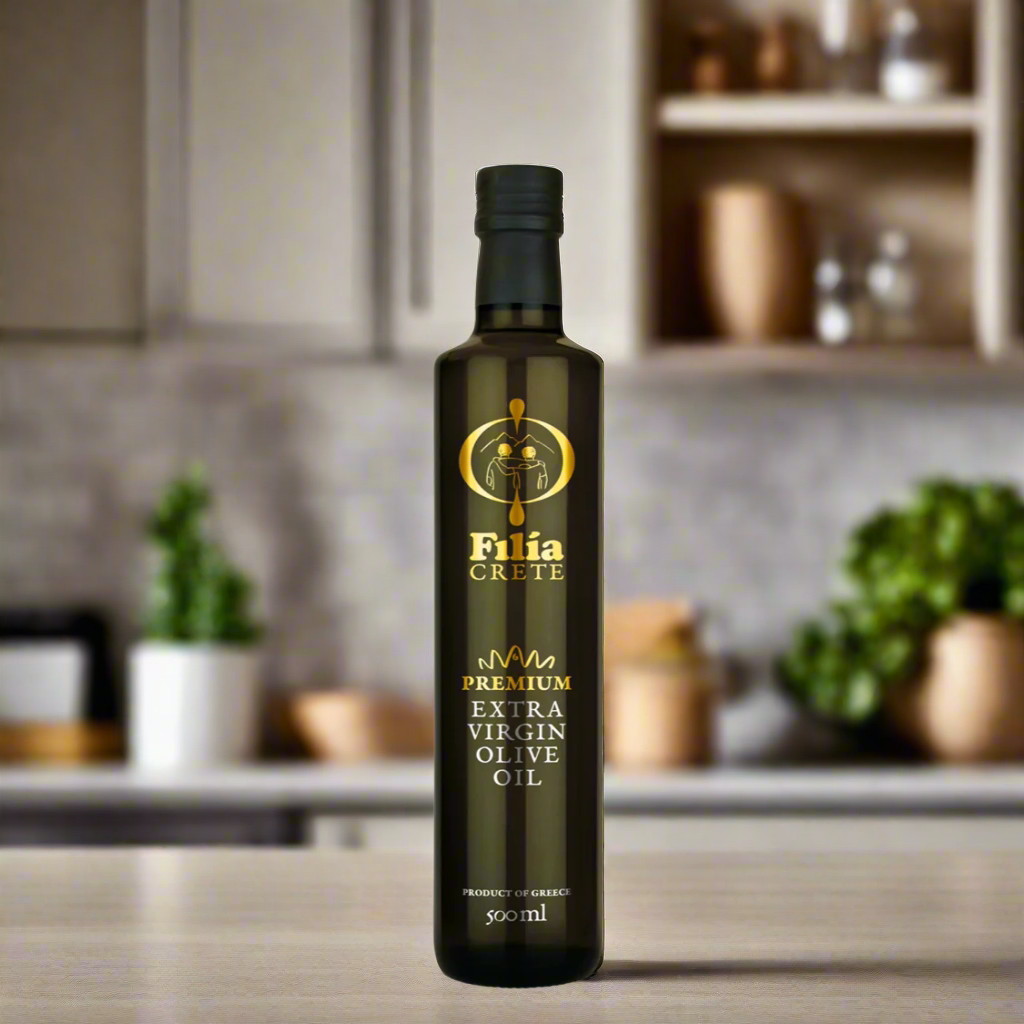 Bottle of olive oil on kitchen table